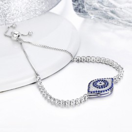BISAER 925 Sterling Silver Blue Evil Eye Bracelets Sparkling Cubic Zirconia Adjustable Chain Bracelet for Women Christmas Gifts Lucky Jewelry