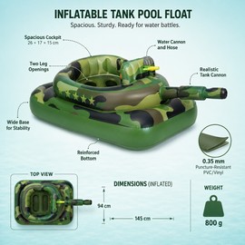 Inflatable Tank Pool Float for Water Play - Camouflage Ride-On Raft with Water Cannon for Pool, Lake and Beach