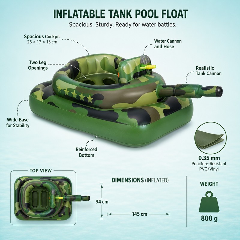 Inflatable Tank Pool Float for Water Play - Camouflage Ride-On