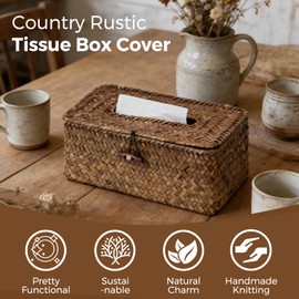 Rectangle Wicker Tissue Box Cover, Natural Seagrass Tissue Box Holder with Lid, Woven Tissue Box Decorative Facial Tissue Holder for Bathroom Office Table, Brown