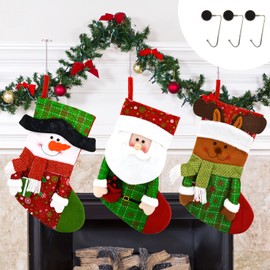 Fassory Christmas Stocking Set of 3 with Anti-Slip Hooks Hangers, Xmas Sock Gift Bag Candy Pouch Bag, Large Xmas Tree Ornament, 3D Santa Snowman Reindeer Fireplace Hanging Decors (Classic Red & Green)