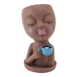 Resin Face Plant Pot Creative Cute Small Drinking Coffee Succulent Planters with Drainage Hole for Indoor Outdoor Garden Decor Brown