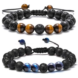 Lava Rock Bracelets for Men, 8mm Lava Rock Bead Tiger Eye Bracelets for Mens Gifts Black Mens Anxiety Bracelet Gifts for Men Adjustable Essential Oil Diffuser Healing Beaded Bracelets for Mens Jewelry