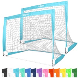GoSports Team Tone 4 ft x 3 ft Portable Soccer Goals for Kids - Set of 2 Pop Up Nets for Backyard - Light Blue
