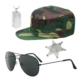 ZBHDEYG 4pcs Military Fancy Dress Kit Camouflage Military Hat Sunglasses Dog Tag Jewelry Badge Military Role Play Props Soldier Clothing Party Supplies Military Style, Hat (camouflage), glasses