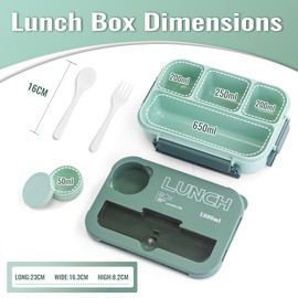 Shopping Dose Bento Box, 1300ml Leak Proof 4 Compartment Bento Lunch Box with Cutlery,Lunch Box for Adults, Kids & Office, Microwavable Lunchbox (Green)