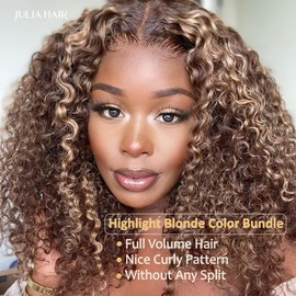 Julia Hair Highlight Honey Blonde Curly Human Hair Bundles 12A Brazilian Curly Human Hair Weave TL412 Color Sew in Hair Extensions Jerry Curly Hair 3 Bundles 18 20 22 Inch