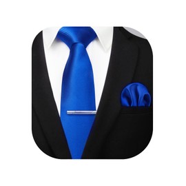 HISDERN Mens Royal Blue Ties for Men Classic Business Necktie Dark Blue Ties and Pocket Square Satin Silk Formal Wedding Solid Midnight Blue Tie Handkerchief Clip Set