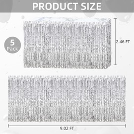 5 Pack Silver Foil Fringe Table Skirt, 29 x 108 IN Fringe Party Table Skirt, Float Skirting for Parades Table Banner for Rectangle Round Tables Parade Floats Party (Silver)