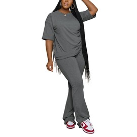 PINSV Womens Sets 2 Piece Outfits Casual Short Sleeve Top and Flare Pants Lounge Sets Tracksuit Grey S