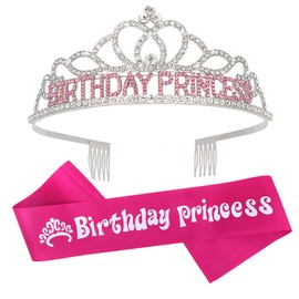 CURASA Birthday Sash and Crown Birthday Princess Crown Hot Pink Birthday Sash for Women Silver Birthday Crown Adult Women Happy Birthday Crowns for Women Pink Tiara Happy Birthday Decoration