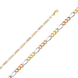 Wellingsale 14K Solid Tri Color Gold 2.5mm Figaro Bracelet with Lobster Claw Clasp - 7" Inches