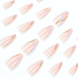 24 Pcs Short Almond Press on Nails, ASONRL Solid Pink Medium Fake Nails with Colored Stripe - Nail Glue Mini Nail File Kit Reusable Acrylic False Nails for Women, Almond Colored Stripe