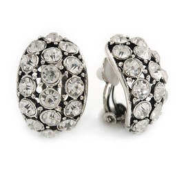 23mm Tall/C-Shape Clear Crystal Clip On Earrings In Silver Tone