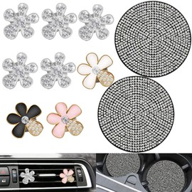 SourceTon - Juego de 10 piezas de flores brillantes para decoracin de coche, accesorios de coche para mujer, bonito juego de posavasos con purpurina  