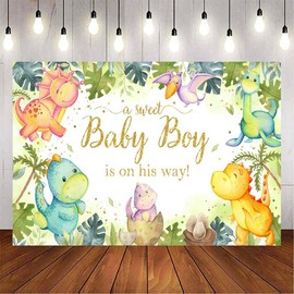 VanillaBay Dinosaur Baby Shower Backdrop A Sweet Baby Boy is on His Way Photo Backdrops Dino Party Decorations Supplies Photography Background 70.8x43.3 inch