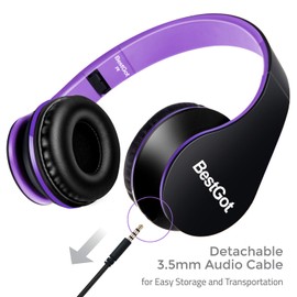 BESTGOT Kids Headphones BG6002 Children Headphones for Kids Boys Adult with Microphone Volume Control Foldable Headset with 3.5mm Plug Removable Cord (Black/Purple)