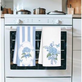 AQYIP Coquette Blue Bow Hydrangea Floral Kitchen Towels, Preppy Girly Hydrangea Hand Towels for Bathroom Decor, Cottagecore Flower Aesthetic Dish Tea Towels for Kitchen Decor, 16x24 Inch Set of 2