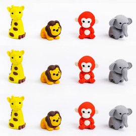 Toyseum 12 x Animal Erasers, Safari Jungle Party Bag Fillers for Kids, Ideal for Animal Themed Goody Bags and Party Favours, Stationery for Boys or Girls, Pack of 12 (4 Unique Animals)