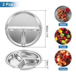 uxcell 2Pcs 304 Stainless Steel Divided Dinner Plate, 7.9" Round Serving Platter Plates with 3 Sections Cafeteria Mess Tray for Restaurant Kitchen Portion Control Camping, Silver