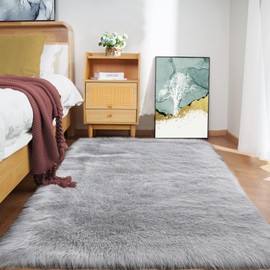 Goolela Bedside Grey Rug 4x6 Washable Faux Fur Rug Soft Fluffy Rug for Bedroom Plush Throw Rugs for Living Room Large Room Rug Home Decor, Rectangle