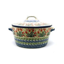 Polish Pottery Baker - Round Covered Casserole - Crimson Bells