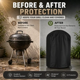Black Round BBQ Grill Cover with Elastic Hem – Outdoor Dust and Debris Cover for Compatible Kettle-Style Grills