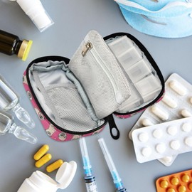 Fustylead Happy Funny Little Pugs and Hearts Pill Organizers 2 Times A Day Pill Case Bag with Zipper Portable Weekly Pill Dispensers for Vitamin Supplement