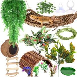 Foilswirl 18 Pcs Bearded Dragon Tank Accessories Reptile Bridge Hammock Plants Bridge Jungle Climber Vines Terrarium Branch Plants Habitat Decoration for Hiding Climbing Snake Gecko Lizard Chameleon