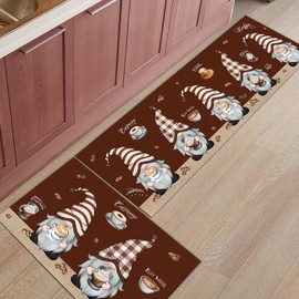Coffee Gnomes Kitchen Mat Set 2 Piece Kitchen Rugs, Farmhouse Brown Coffee Beans Soft Non-Slip Rubber Backing Floor Mats Doormat Bathroom Runner Area Rug Carpet, 15.7x23.6in + 15.7x47.2in