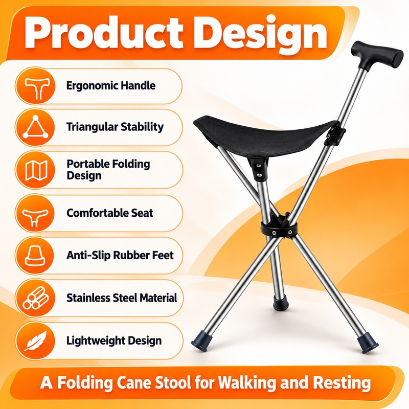2-in-1 Folding Cane Chair for Walking and Resting – Portable