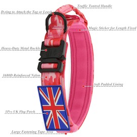 Tactical Dog Collar and Lead Set - YoothBro K9 Military Dog Collar with UK United Kingdom Flag, Adjustable Nylon Dog Collar with Heavy Duty Metal Buckle for Medium Large Dogs Pink, M