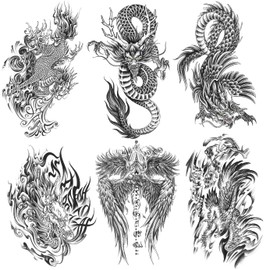 Oottati 6 Sheets Arm Waterproof Temporary Tattoos Black Flying Dragon Kylin Wing Pray Hand