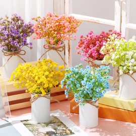 Wavwavw Spring Table Centerpieces Babys Breath Artificial Flowers with Vase Summer Floral Arrangement Purple White Pink Yellow Blue Fake Gypsophila Bouquets for Dining Table Home Wedding Party Decor