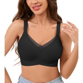 POSESHE Womens Wireless Bras V Mesh Comfortable Bralette Supportive Tshirt No Underwire Seamless Push Up Everyday Bra Black