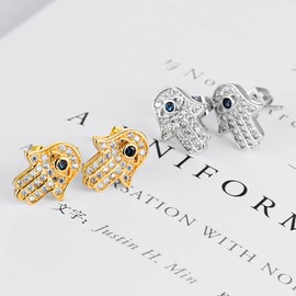 Oidims Evil Eye Protection Hamsa Hand of Fatima Stud Earring for Women 18K Gold Post Stainless Steel Cubic Zirconia Hypoallergenic Dainty CZ Best Friend Jewelry (Gold+Silver)