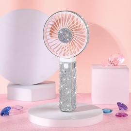 Mudder Rhinestone Handheld Fan Crystal Bling Mini Personal Fan Glitter Bedazzled Portable USB Rechargeable & Battery Operated for Girls Women Outdoor Travel Indoor Makeup Office(Pink,Foldable)