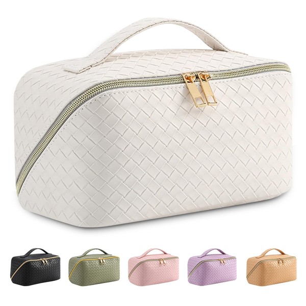 Large Capacity Travel Cosmetic Bag Flat Large Makeup Bag for Women Portable Waterproof PU Leather Skin Care Bag with Handle and Divider, A-White, Toiletry bag