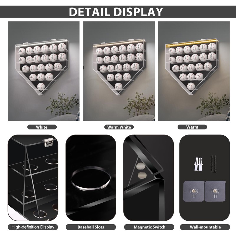 Leiruosi Acrylic Display Case for Baseball, Lighted Wall Mounted Shadow