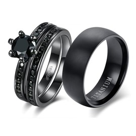 LOVERSRING Couple Ring Bridal Sets His Hers Women 18k Black Gold Plated Cz Men titanium Wedding Ring Band Set