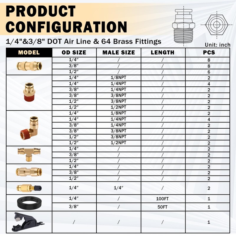 CheeMuii 64 PCS Brass DOT Air Line Fittings with 100FT