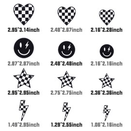 12Pcs Black and White Checkered Iron on Patches Classic Racing Heart Star Smile Lightning Bolt Sew on Repair Embroidered Applique Preppy Style DIY Crafts Accessories Gifts for Clothing Backpack Hat