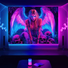 BlissYard Blacklight Tapestry Gothic Neon Angel Tapestry Blacklight Angel Wings Wings Wall Psychedelic Spooky Wall Hanging Black Light Decor UV Reactive Glow in the Dark Room Decor 78x59 Inch