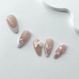 Valentines Press on Nails Medium Almond White French Tip Fake Nails False Nails with Rhinestones Heart Designs White Bow Charm Glossy Glue on Nails Acrylic Nails for Women Girls 24 Pcs