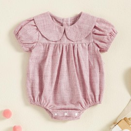 KMBANGI Newborn Baby Girl Clothes Short Sleeve Doll Collar Plaid Romper Bubble Smocked Bodysuit Infant Princess Summer Outfit (Red, 0-3 Months)