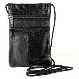 Genuine Soft Leather Neck Passport Holder/Pouch and Purse (Black)