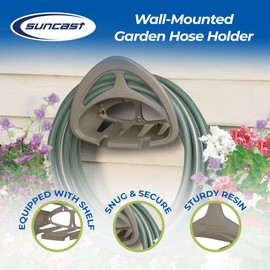 Suncast 4 Pack Hangout HH150 Outdoor Wall Mounted Durable Resin Garden Hose Holder with Accessories Shelf, Designed for 150 Foot Garden Hoses, Taupe