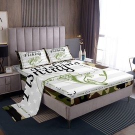 Hunting and Fishing Sheets King Size Pike Fish Bed Sheet Set for Kids Adults Teens Boys Men Fisherman Fishhook Bed Sheets Camo American Flag Bedding Fitted Sheet Room Decor Flat Sheets 4Pcs