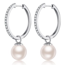 jiamiaoi White Gold Plated Large Hoop Earrings Silver 925 Women's Hoop Earrings Large Silver Hoop Earrings with Pearls Earrings Silver 24 mm Sterling Silver Round Hoop Earrings with Stone Glitter