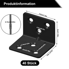 40 Pieces Stainless Steel Angle Connectors, 90° Metal Angle Heavy Duty Angle 38 x 30 x 30 mm, Black Angle L Brackets Corner Angle Connector Ideal for Fixing and Repairing Furniture